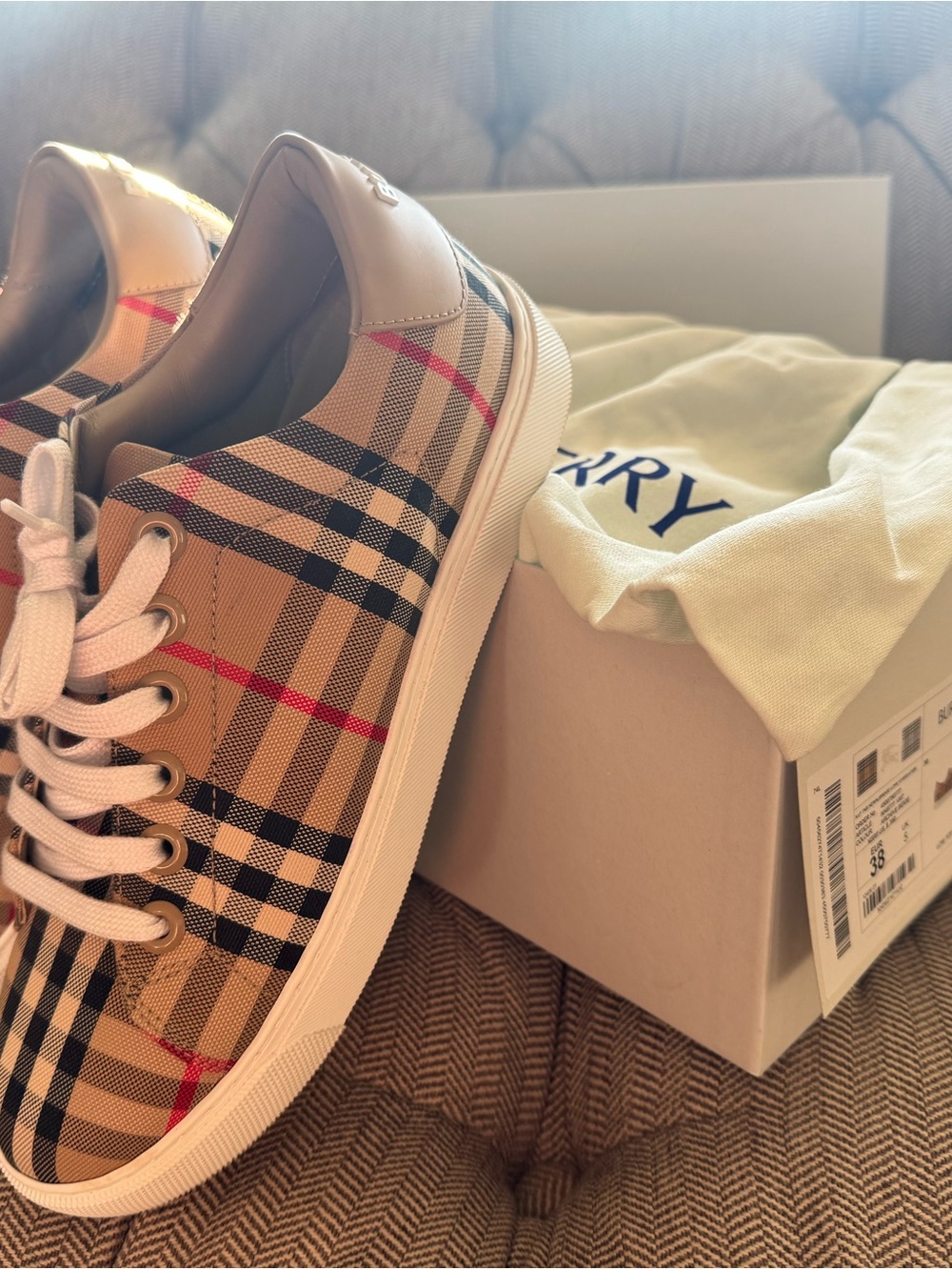 Burberry Beige Plaid Low Top Sneakers - Black & Red Stripe Accents size 38